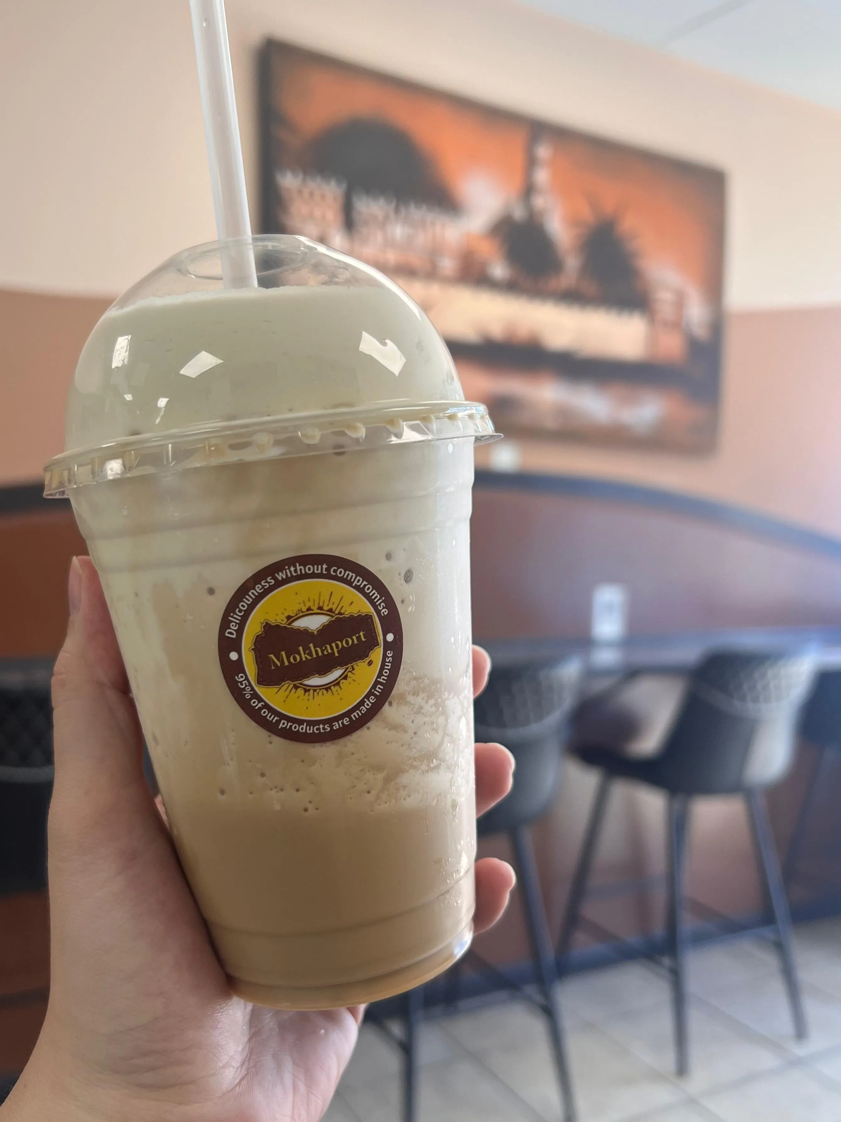 Mokhaport frappe served in a branded cup